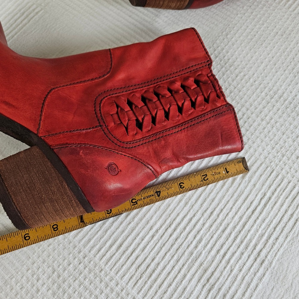 Born Orosi Red Leather Booties Boots Sz 7.5 Braided Side‎ Zip Heel - Picture 10 of 10
